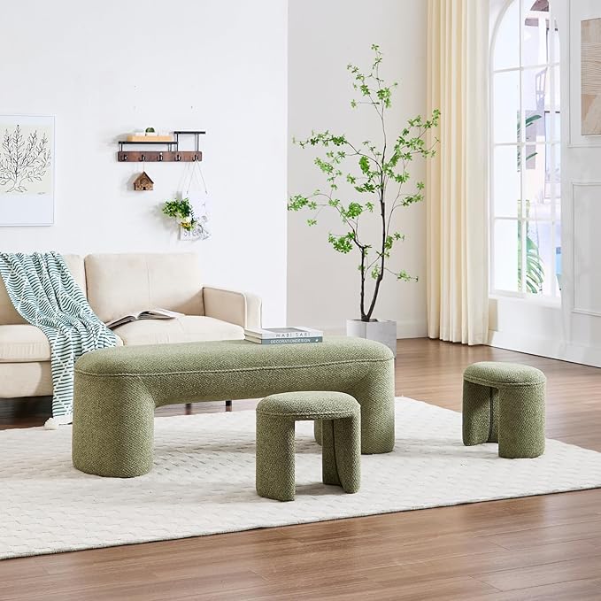 3-Piece Nesting Upholstered Bench with 2 Stools, 53" Chenille Accent Chair Waterfall Bench Modern End of Bed Entryway Bench Bedroom Bench for Living Room Vanity, Green, No Need to Install