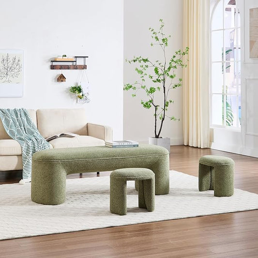3-Piece Nesting Upholstered Bench with 2 Stools, 53" Chenille Accent Chair Waterfall Bench Modern End of Bed Entryway Bench Bedroom Bench for Living Room Vanity, Green, No Need to Install