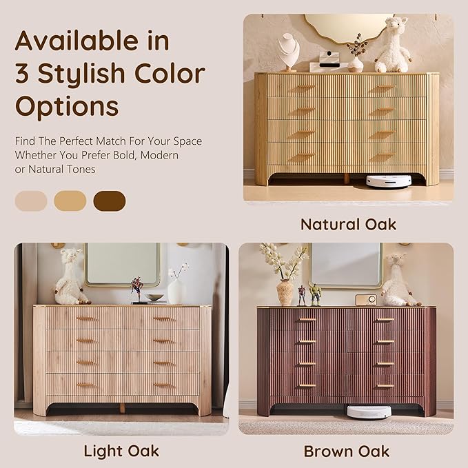 Fluted 8 Drawer Dresser for Bedroom with Curved Profile Design,53.9" W Wide Chest of Drawers with Reeded Front Panels,Wide Storage Cabinet with Smooth-Glide Drawers for Living Room,Brown Oak