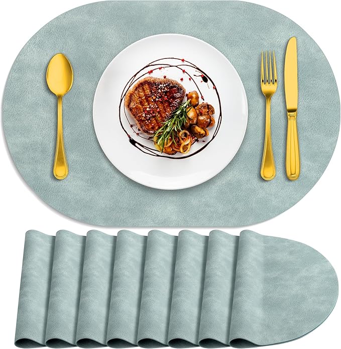 ADRIMER Placemats, Heat Resistant Oval Placemats Set of 8 Washable 12 x 17 Inch, Waterproof Table Mats, Wipeable Pu Place Mats for Kitchen, Dining Room, Light Blue