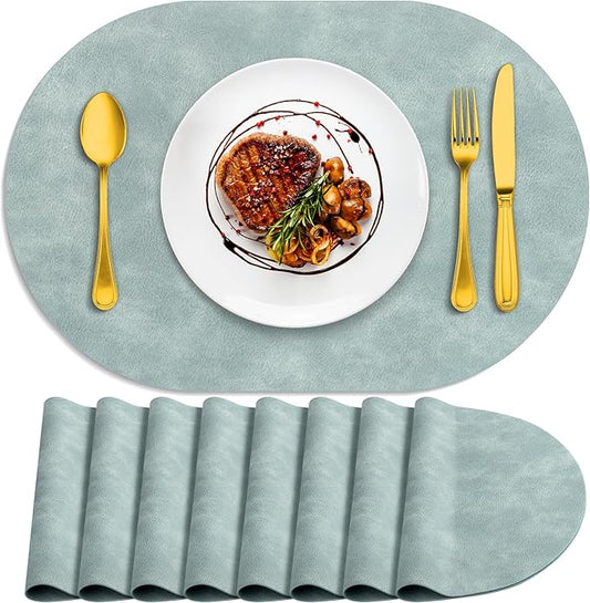 ADRIMER Placemats, Heat Resistant Oval Placemats Set of 8 Washable 12 x 17 Inch, Waterproof Table Mats, Wipeable Pu Place Mats for Kitchen, Dining Room, Light Blue