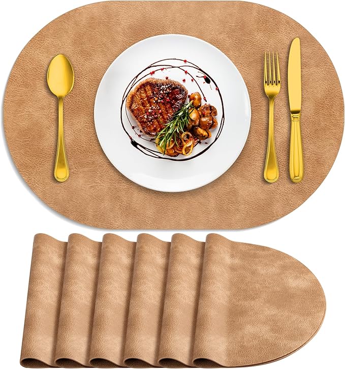 ADRIMER Placemats, Heat Resistant Oval Placemats Set of 6 Washable 12 x 17 Inch, Waterproof Table Mats, Wipeable Pu Place Mats for Kitchen, Dining Room, Light Brown