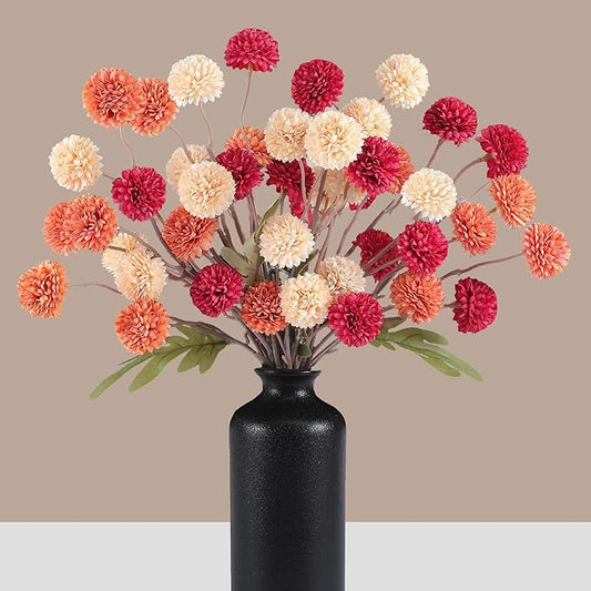 Fall Faux Kiku Flowers 10 Stems & 2 Eucalyptus,Fake Mums Flower Plants Artificial Chrysanthemums Mini Ball Floral for Table Centerpieces,Silk Fall Faux Mums Flower for Vase Wedding Arrangements Decor