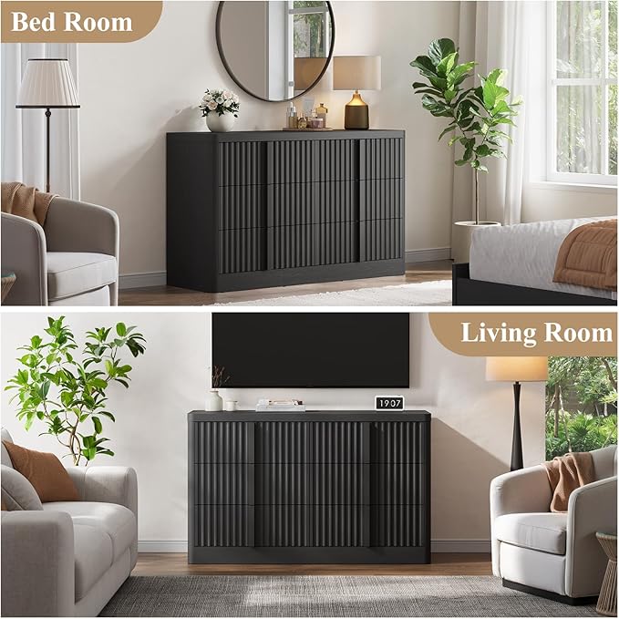 Fluted Dresser for Bedroom, 47" Wide 6 Drawer Dresser, Modern Chest of Drawers with Solid Wood Handle, Curved Profile Design, Wood Dressers Storage Organizer, Living Room, Hallway, Black
