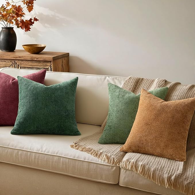 MIULEE Christmas Pack of 4 Throw Pillow Covers 18x18 Inch Christmas Dark Green Soft Decorative Chenille Pillow Covers Farmhouse Accent Cushion Cover for Boho Home Decor Bedroom Living Room