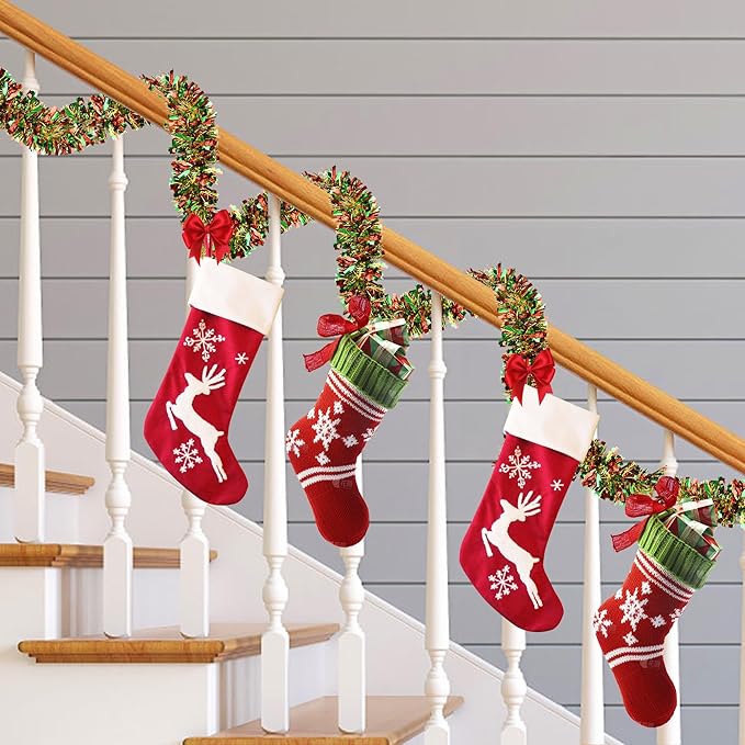 50 FT Christmas Tinsel Garland Christmas Decorations for Xmas Tree Decor Metallic Twist Shiny Hanging Garlands for Tree Mantel Stairs Fireplace Home Indoor Holiday Party Supplies (Red Green Gold)