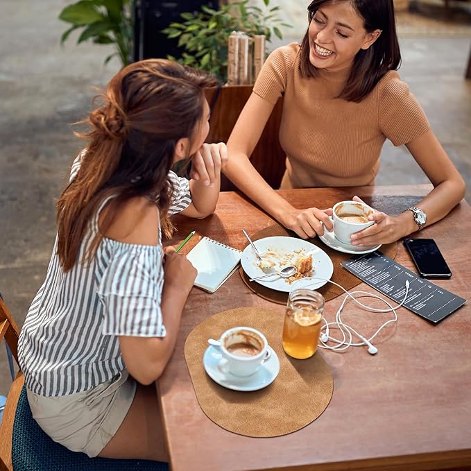 ADRIMER Placemats, Heat Resistant Oval Placemats Set of 4 Washable 12 x 17 Inch, Waterproof Table Mats, Wipeable Pu Place Mats for Kitchen, Dining Room, Turmeric Brown+Light Brown+Green+Blue