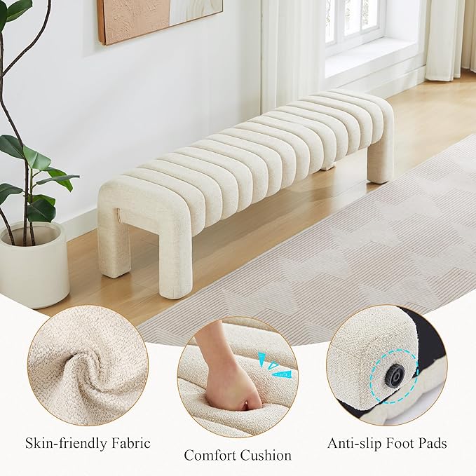 63’’ End of Bed Bench, Modern Linen Entryway Bench, Upholstered Ottoman Stool with Extra Length, Full Coverage Fabrics, Ottoman for Bedroom, Living Room, Dining Room, Beige