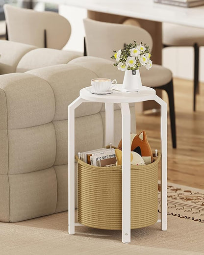 TUTOTAK Small Side Table, Round End Table, Night Stand, Bedside Table, Sofa Table with Storage Basket, Living Room, Bed Room, White and Beige TB01BWN092