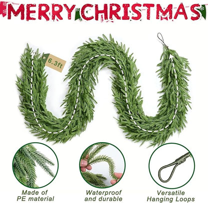 Christmas Garland, 6.3FT Real Touch Faux Green Norfolk Pine Garlands, Table, Fireplace, Winter Artificial Greenery Garland for Mantle, Stairs, Indoor & Outdoor Xmas Decorations
