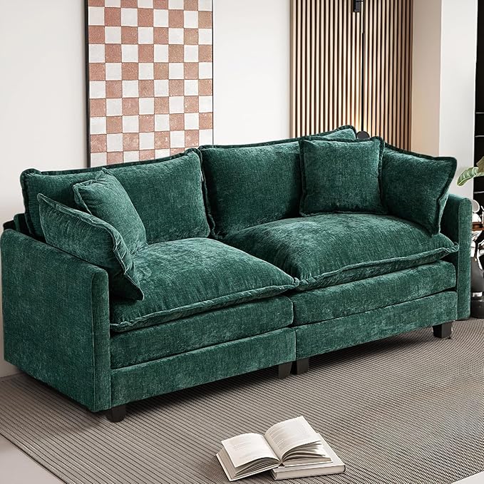 SoarFlash 71.6" Chenille Sectional Sofa, Comfy Modular Loveseat Sofa, Modern 2-Seat Couch Deep Seat Sofa Set for Living Room,Green