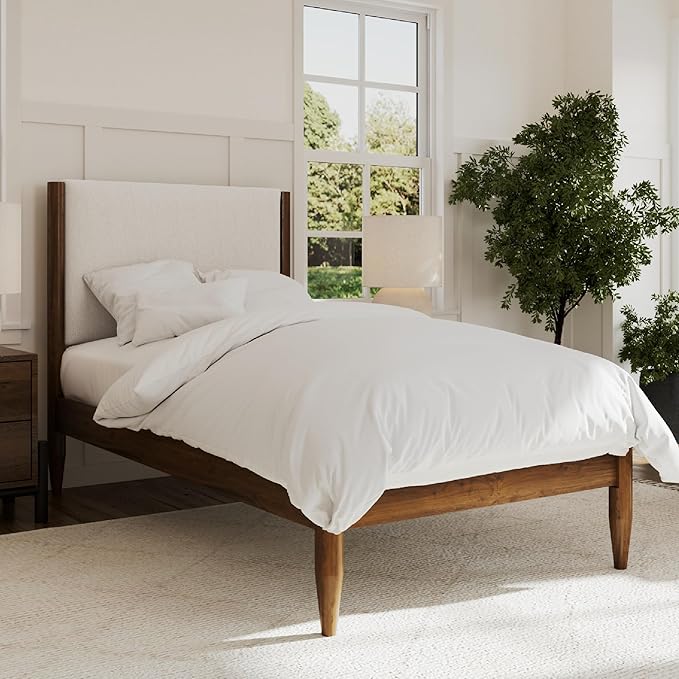 DG Casa Solid Wood Boucle Mid-Century Modern Twin Size Wooden Platform Bed Frame - Upholstered in Cream Boucle - Walnut Finish