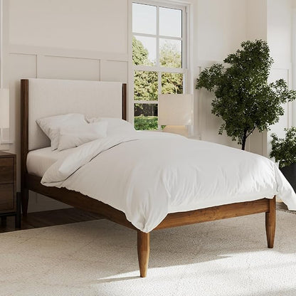 DG Casa Solid Wood Boucle Mid-Century Modern Twin Size Wooden Platform Bed Frame - Upholstered in Cream Boucle - Walnut Finish