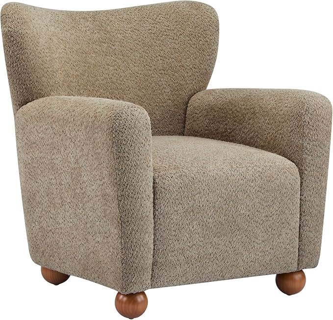Christopher Knight Home Lindy Wingback Accent Chair, Upholstered Armchair with Rounded Wooden Legs, Curved Backrest Single Sofa, Soft Cushion Seating, Comfy Lounge Chair for Living Room, Light Brown