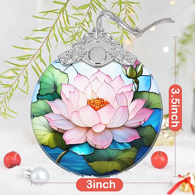 Lotus Stained Glass Ornament - Christmas Tree Decorations, Lotus Ornaments for Christmas Tree, Holiday Presents