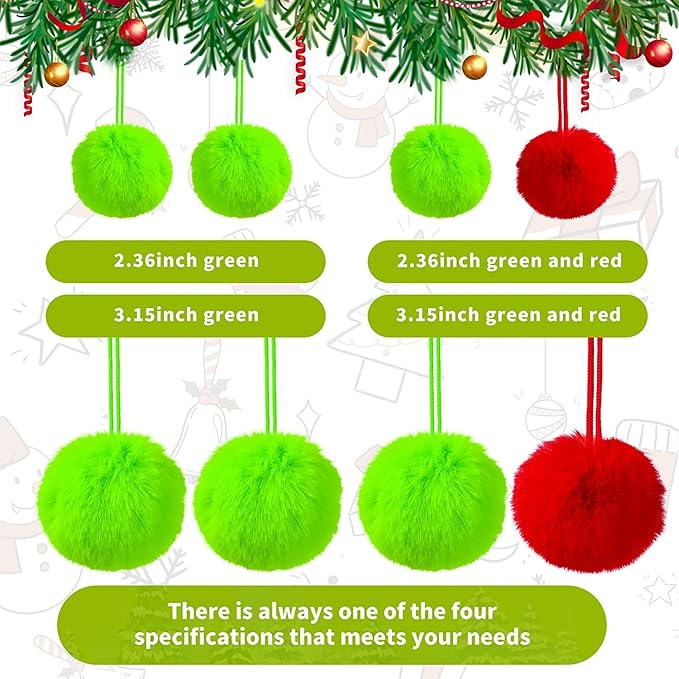 12Pcs Lime Green and Red 2.36 Inch Furry Christmas Ornaments, Soft Fluffy Fuzzy Pom Pom Balls, Christmas Decorations Hanging Ornaments for Christmas Tree, Holiday Party, DIY Craft, and Mantel Decor