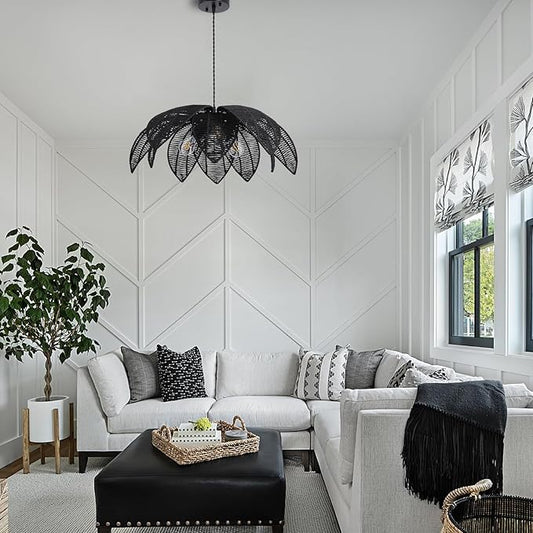 24” Black Boho Large Rattan Chandelier Light Fixture,3-Light Hand Woven Flower Chandelier Farmhouse Wicker Pendant Light for Kitchen,Living Room,Dining Room,Foyer, Bedroom