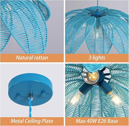 Rattan Pendant Light 3-Light Boho Chandelier Light Fixture 24inch Rustic Chandelier Suitable for Dining Room, Kitchen, Living Room,Foyer,Bedroom
