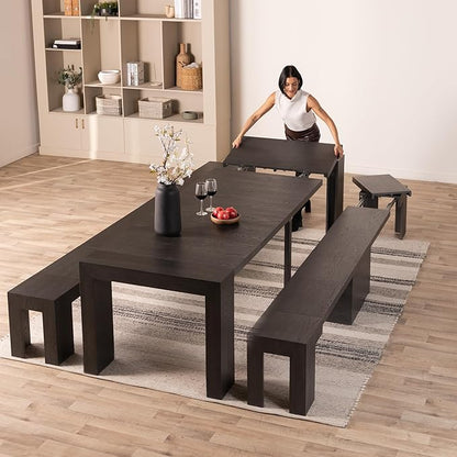 Transformer Expandable Dining Table Set – Solid Wood Table for 4 to 12 with 2 Extendable Benches, Space-Saving Adjustable Dining Room Furniture (Black, Table + 2 Benches)
