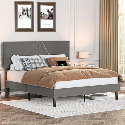 VECELO Queen Bed Frame with Type-C & USB Ports, Upholstered Platform Height-Adjustable Cotton and Linen Headboard,No Box Spring Needed,Noise-Free,Easy Assembly, Dark Gery