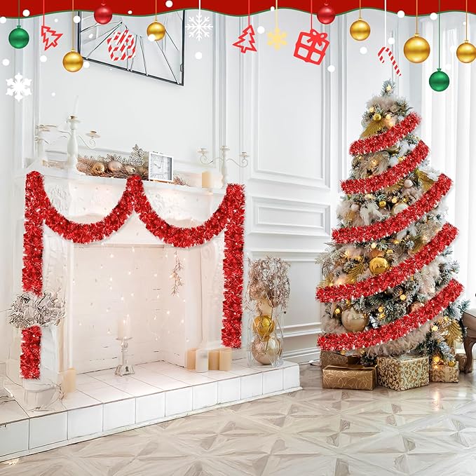 50FT Red Christmas Tinsel Garland, Metallic Twist Shiny Hanging Garland Ornaments for Xmas Tree Party Supplies Thick Thin Metallic Streamers for Indoor Outdoor Decor