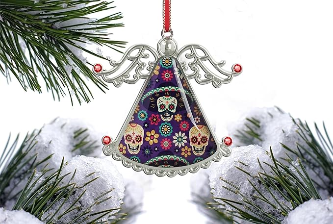 XUTAI Angel Christmas Tree Ornaments Sugar Skulls Flowers on Dark Glass Hanging Angel Glass Pendant for Holiday Decoration