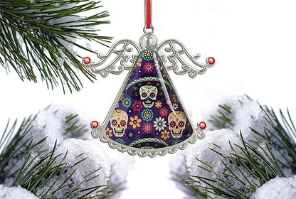 XUTAI Angel Christmas Tree Ornaments Sugar Skulls Flowers on Dark Glass Hanging Angel Glass Pendant for Holiday Decoration