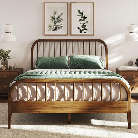 DG Casa Wesley Solid Wood King Size Bed Frame - Mid Century Modern Style, Platform with Spindle Headboard and Footboard, No Box Spring Required, Walnut Finish