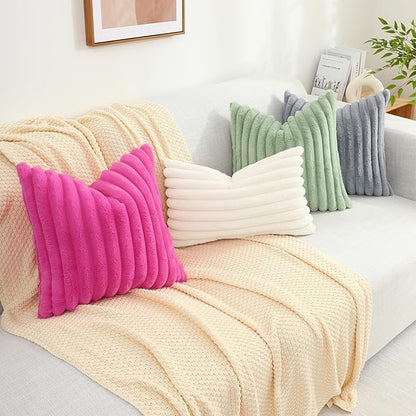 decorUhome Faux Fur Christmas Throw Pillow Covers 12x20 Set of 2, Decorative Soft Plush Striped Neutral Euro Pillow Covers with Velvet Back for Bed, Living Room Home Decor, Sage Green