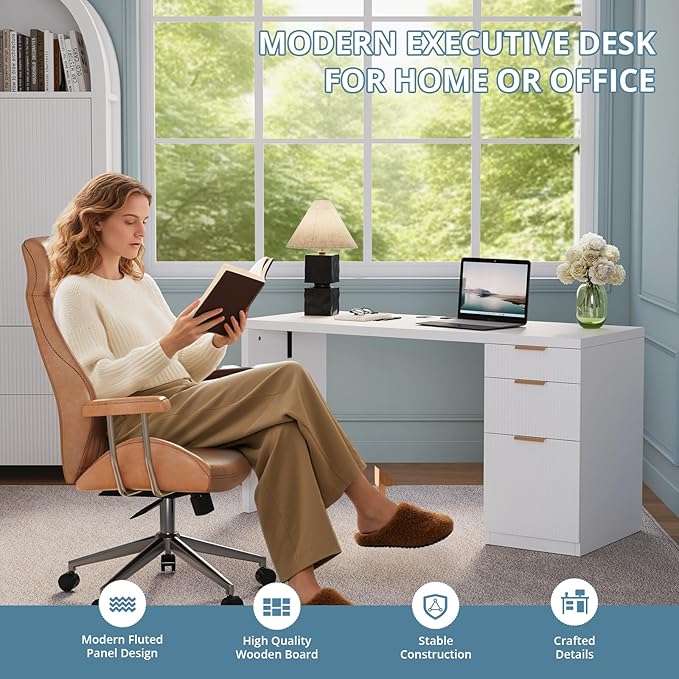 FURSUN 58" Modern Executive Desk with Storage, Home Office Desk with Drawer & Cabinet, Wooden Fluted Desk for Study, Living Room, Bedroom, White