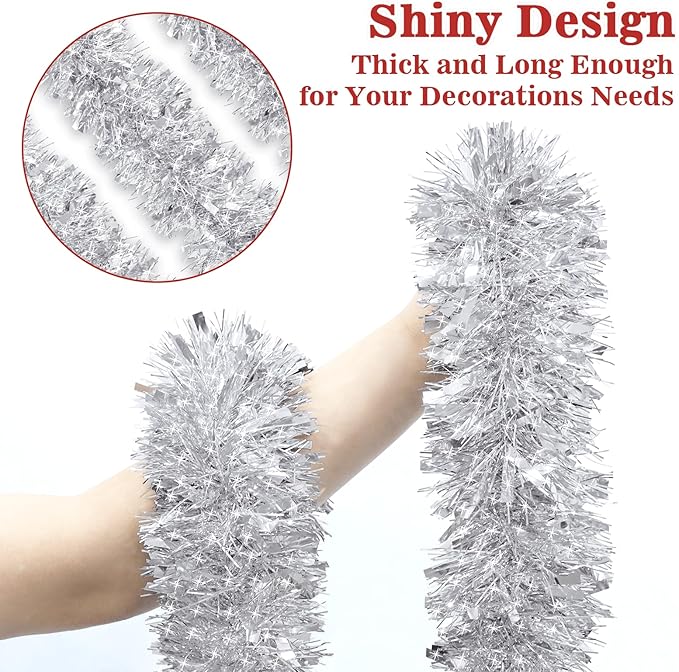 50 Feet Christmas Tinsel Garland Metallic Twist Shiny Garland for Xmas Christmas Tree Decorations,Holiday Home Party Supplies Indoor Outdoor Decor (Silver)