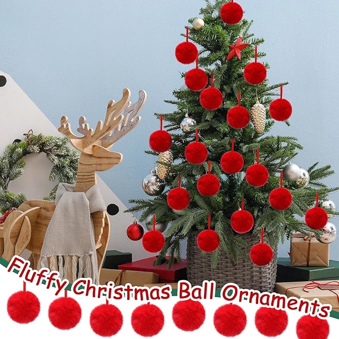 24 Pcs Red Furry Christmas Ball Ornaments for Tree 3.94 Inches Large Pom Pom Ball Christmas Hanging Decoration for Party Supplies Fireplace Mantel Wall Decor