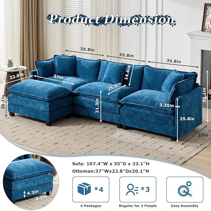 SoarFlash 107.4" Chenille Sectional Sofa, Comfy L Shaped Modular Coush Sofa with Ottoman, Modern 4 Seat Couch Deep Seat Sofa Set for Living Room,Blue