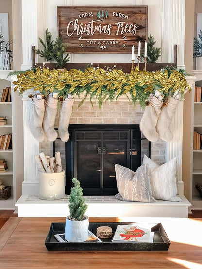 3 Pcs 6FT Christmas Garland Gold Glittered Artificial Magnolia Leaves for Mantle Christmas Tree Decorations Indoor Outdoor Hanging Garland Ornaments Garden Door Wall Window Stair Holiday Home Decor