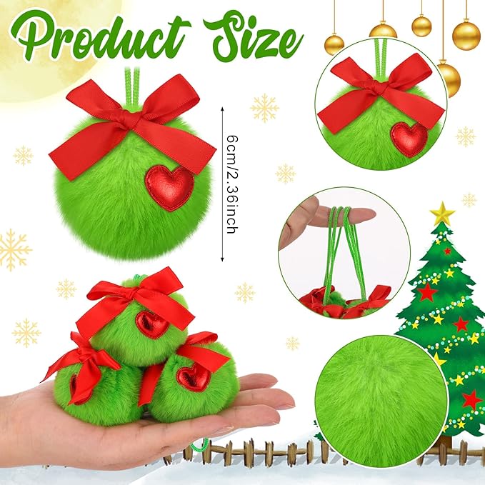 12 Pcs Lime Green with Red Bow Furry Christmas Ball Ornaments Christmas Tree Decorations Pom Pom Ball Ornaments for Christmas Decorations Fireplace Mantel Wall Decor