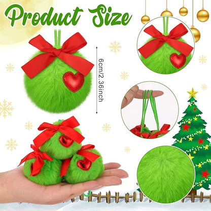 12 Pcs Lime Green with Red Bow Furry Christmas Ball Ornaments Christmas Tree Decorations Pom Pom Ball Ornaments for Christmas Decorations Fireplace Mantel Wall Decor