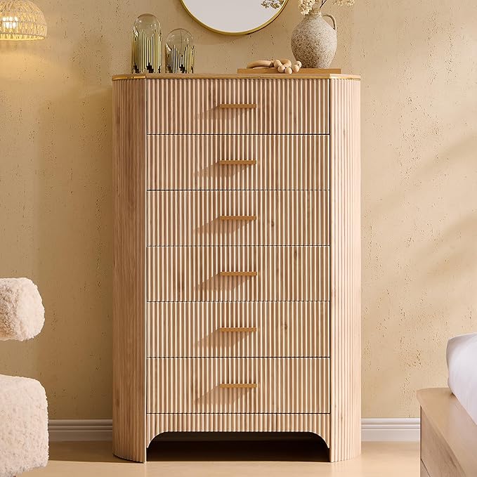 Fluted 6 Drawer Tall Dresser with Curved Profile,47.8" Tall Drawers with Reeded Texture,Gold Handles Storage Organizer Cabinet for Bedroom,Living Room,Entryway,Light Oak