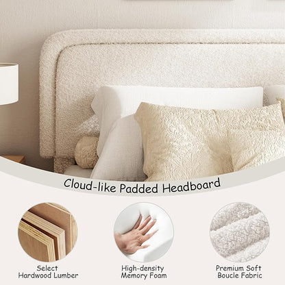 Queen Size Boucle Bed Frame, Cloud Upholstered Platform Bed with Height Adjustable Headboard & Soft Rounded Corners, No Box Spring Needed, Noise Free, Easy Assembly, Beige