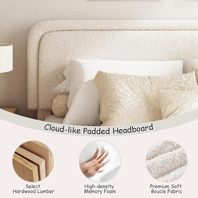 Full Size Boucle Bed Frame, Cloud Upholstered Platform Bed with Height Adjustable Headboard & Soft Rounded Corners, No Box Spring Needed, Noise Free, Easy Assembly, Beige