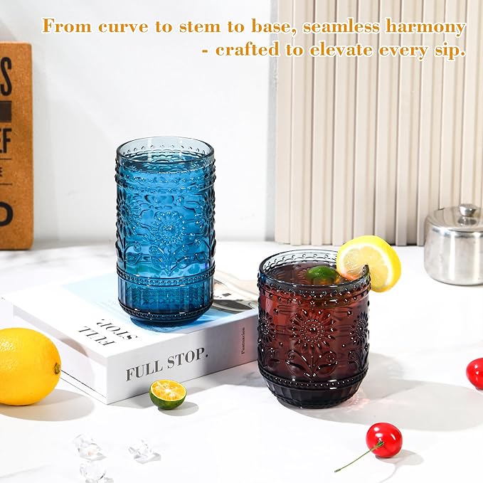 Blue Drinking Glasses Set of 12, 16 Oz Highball & 13 Oz Cocktail Glasses, Blue Kitchen Vintage Glassware Set, Floral Embossed Glass Tumbler Cups for Juice, Beer, Water, Whiskey, Coffee