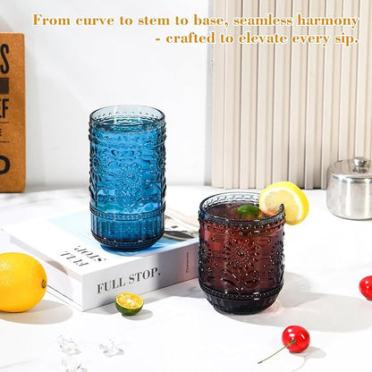 Blue Drinking Glasses Set of 12, 16 Oz Highball & 13 Oz Cocktail Glasses, Blue Kitchen Vintage Glassware Set, Floral Embossed Glass Tumbler Cups for Juice, Beer, Water, Whiskey, Coffee