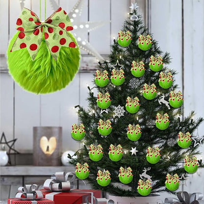 12 Pcs Furry Christmas Ball Ornaments with Bow, Lime Green Ball Ornaments for Christmas Tree Decorations Set, Hanging Pom Pom Xmas Party Supplies (Polka Dot, 2.36")