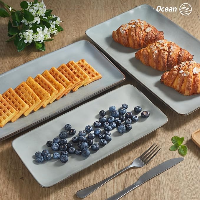 famiware Serving Platter, Rectangular 15.67/14.1/12.6inch Serving Dishes for Entertaining, Reactive Glaze, Stoneware for Party, Food, Turkey, Snack, Cheese, Ocean Series, Grey