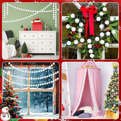 MARFOREVER 4 Pack 26.3 Ft Winter White Pom Pom Garland Ornaments, 30 Balls Christmas Felt Garland Hanging Supplies for Winter Wonderland Christmas School Classroom Fireplace Wall Home Party Decoration