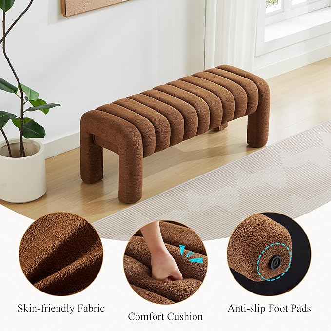 43’’ End of Bed Bench, Modern Boucle Entryway Bench, Upholstered Ottoman Stool with Full Coverage Fabrics, Ottoman for Bedroom, Living Room, Dining Room, Rust Brown