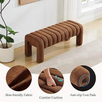 43’’ End of Bed Bench, Modern Boucle Entryway Bench, Upholstered Ottoman Stool with Full Coverage Fabrics, Ottoman for Bedroom, Living Room, Dining Room, Rust Brown