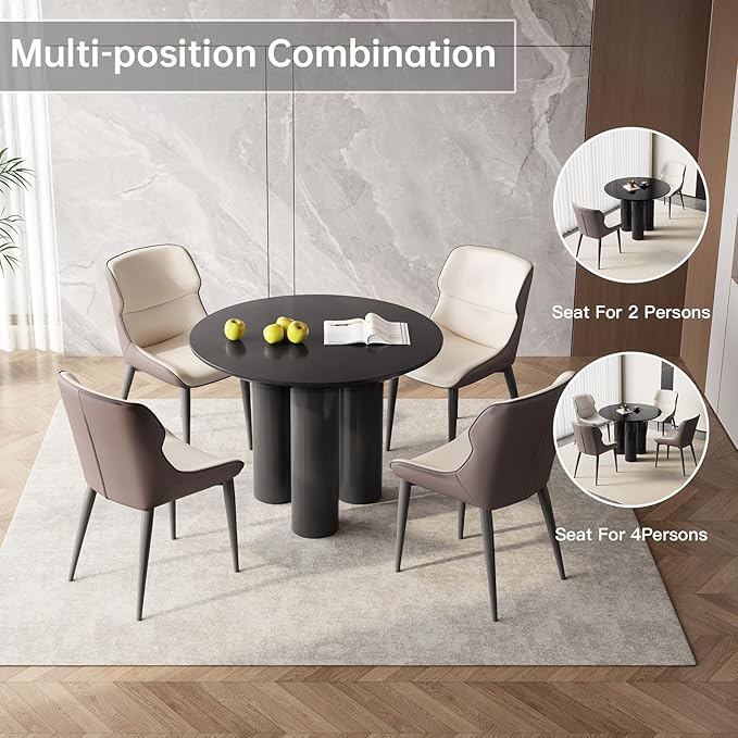 5 Pieces 39.37" Black Round Dining Table and 4 Upholstered Chairs for 4-6 Person, MDF Table-top, Light Velvet Chairs with Black Metal Leg for Kitchen, Reception Room,Round Coffee Table Set