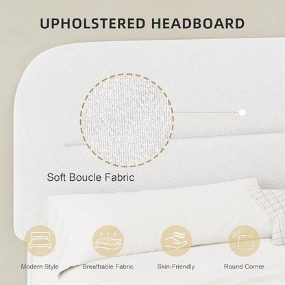 HOMBCK King Size Boucle Bed Frame, White Upholstered Platform King with Soft Headboard, Thickened Footboard, Rounded Corners, No Box Spring Required, Easy Assembly, White