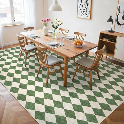 LIVEBOX Washable 8x10 Diamond Rugs for Living Room, Non-Slip Checkered Rug Soft Modern Neutral Geometric Plaid Area Rug for Bedroom, Large Farmhouse Carpet for Office Kids Room Classroom Dorm, Green