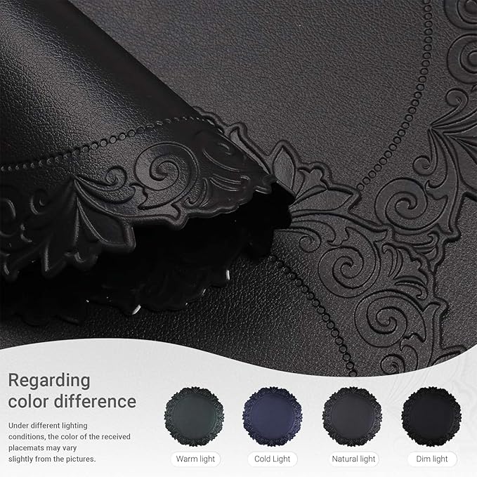 Noctiflorous Round Faux Leather 15 Inch Placemats Set of 4 Waterproof Wipeable Heat Resistant Tablemat for Dining Table Kitchen Non Slip Washable Oilproof Table Place Mat for Indoor Outdoor(Black, 4)